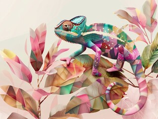 Create a whimsical 3D 4K watercolor scene on a clean background of a small cute chameleon 