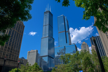 Obraz premium Modern Skyscrapers Against a Blue Sky