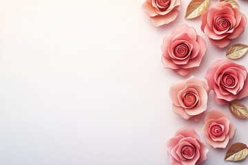 Pink paper roses and golden leaves arranged on soft gradient background, creating elegant floral border