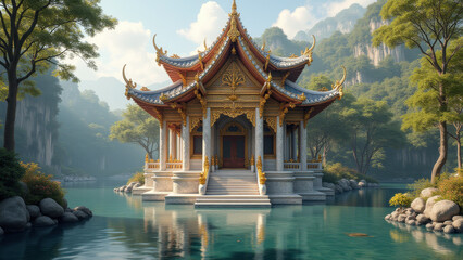 Fototapeta premium Serene Asian Temple Lake House 3D Render - 3D renders: The image is.
