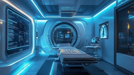 Fototapeta premium A futuristic X-ray room featuring AI-powered diagnostics and holographic displays.