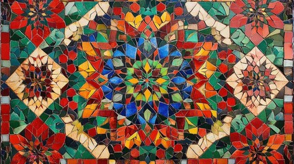Fototapeta premium A colorful kaleidoscope pattern with intricate symmetrical designs, blending vibrant shades of red, green, blue, and yellow