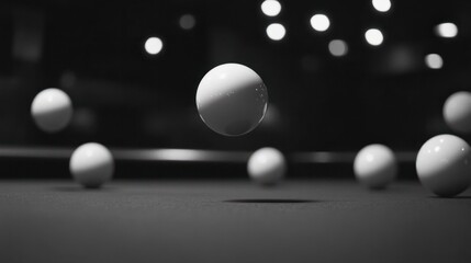 A cue ball rolling towards a pocket, with other billiard balls scattered in the foreground, creating a sense of motion