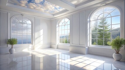Fototapeta premium Surreal Bright White Room with Expansive Window and Decorative Walls in 3D Rendering for Modern Interior Design Inspiration