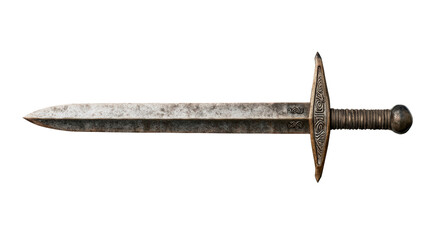A detailed sword featuring a worn blade and ornate hilt, reflecting a sense of history and craftsmanship Isolate.