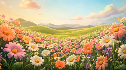 Obraz premium Vibrant blooming flower field rolling hills nature scene daylight