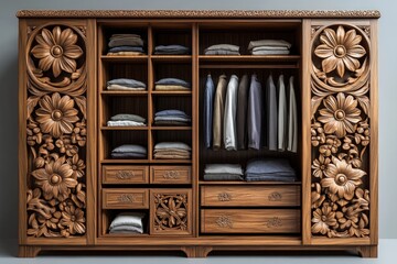 Ornate wooden wardrobe; clothes neatly stored.