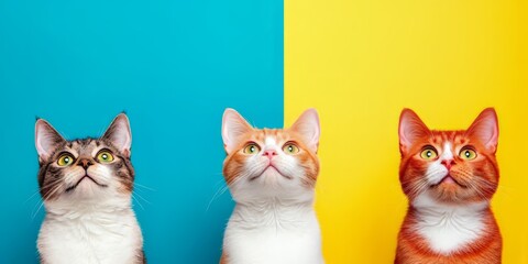 Playful Trio of Captivating Feline Portraits with Vibrant Backdrop
