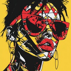 Bold Pop Art Portrait: A vibrant and striking pop art portrait of a woman, her face a bold collage of red, black, and yellow, wearing large red sunglasses. The style is energetic and modern. 