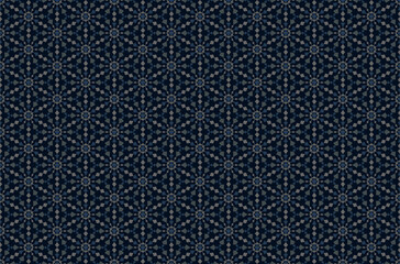 Fototapeta premium Abstract circle floral-like seamless pattern with rhombus, kite in blue n gray on dark blue background. Vector design for masculine male shirt lady dress cloth textile cover all over print