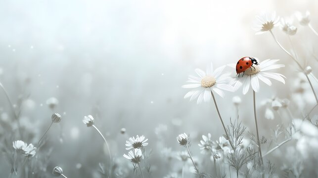 Ladybug on White Daisies in a Misty Field