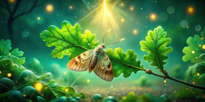 Surreal Landscape Featuring the Moth of Green Oak Tortrix Among Enchanted Oak Leaves, Evoking Mystical Nature Scenes with Depth and Fantasy Elements