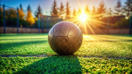 Fototapeta premium Surreal Scene of an Old Ball Resting on Artificial Grass with Sunlight Flare for Dreamlike Atmosphere and Unique Visual Appeal