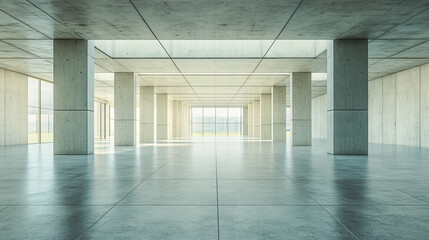 Spacious Modern Industrial Interior. An expansive, well-lit industrial space featuring high ceilings, concrete pillars, and polished floors, ideal for events or photography.