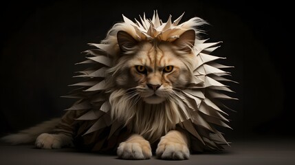 Playful cat wearing a paper mane and striking a fierce lion like pose showcasing its creative and imaginative spirit