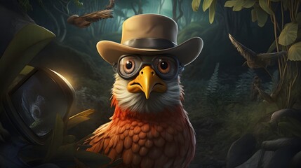 Curious Chicken Detective Wearing a Deerstalker Hat Searching for the Missing Egg on the Farmland