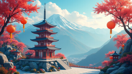 Obraz premium Serene Japanese Pagoda, Autumn Mountains - Digital art