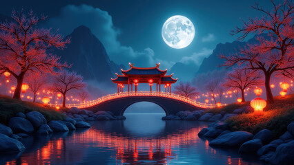 Obraz premium Serene Moonlit Asian Bridge Landscape - Asian-inspired art and design