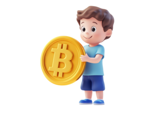Isolated 3D Boy Holding Large Bitcoin Coin
