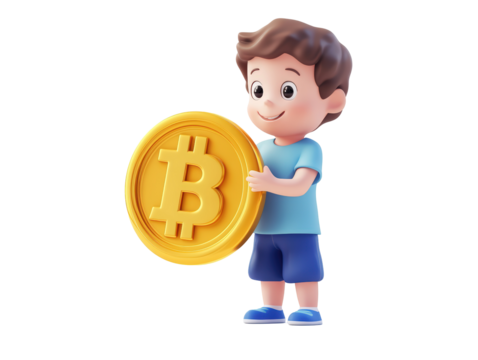 Isolated 3D Boy Holding Large Bitcoin Coin