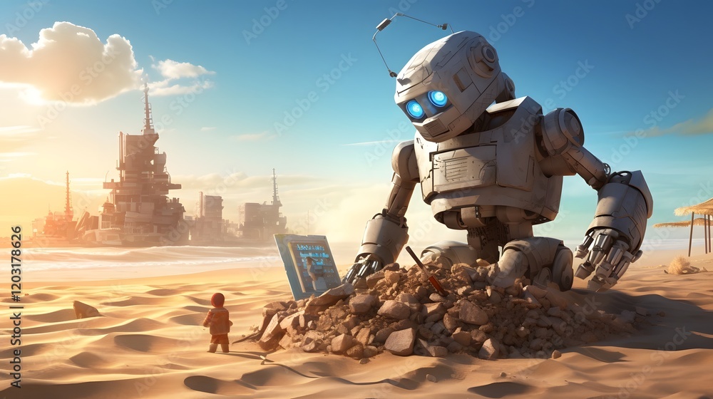 Poster a friendly and capable robot is seen carefully constructing an intricate and imaginative sandcastle 