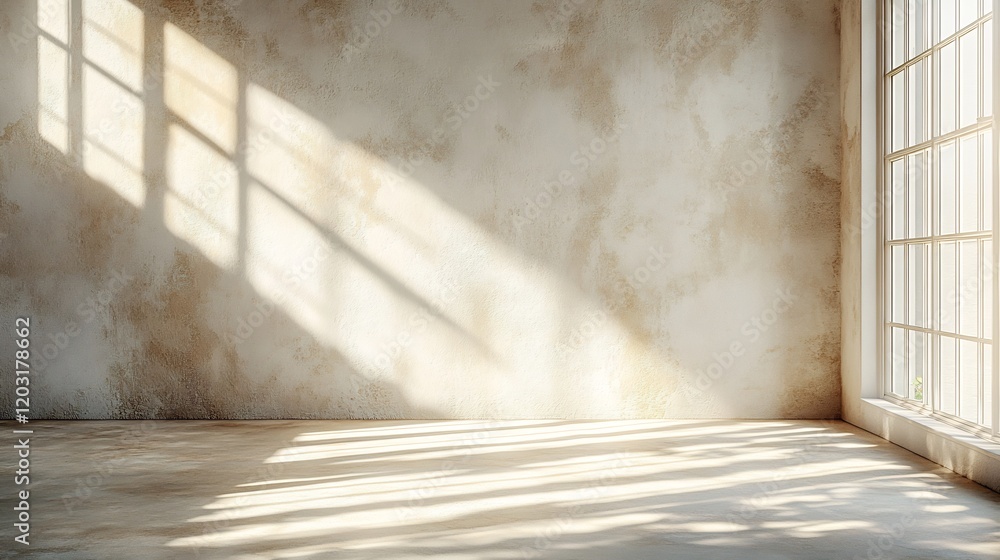 Poster bright empty room featuring a textured beige wall where gentle sunlight filters through a window pro