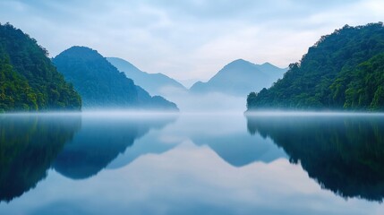 Naklejka premium Misty Mountain Lake Reflection