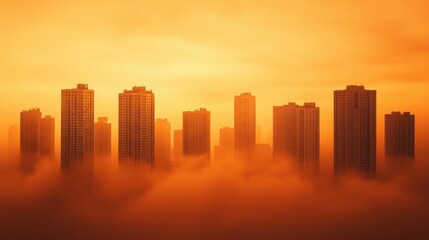 Obraz premium Striking view of tall buildings emerging through a glowing orange mist, creating a surreal urban atmosphere