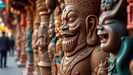 Smiling Asian Deity Statues, Temple Detail - Cultural Heritage
