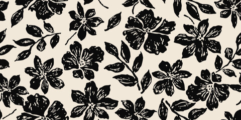 Abstract florals seamless pattern. Hand drawn flowers background. Modern print in black and white. Ideal for textile design, fabric, packaging, wallpaper, covers and wall art. Vector illustrations. © Udomdech