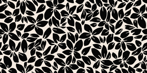 Abstract florals seamless pattern. Hand drawn flowers background. Modern print in black and white. Ideal for textile design, fabric, packaging, wallpaper, covers and wall art. Vector illustrations.