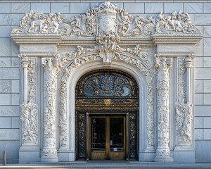 Obraz premium Ornate marble archway entrance with detailed carvings and bronze door.