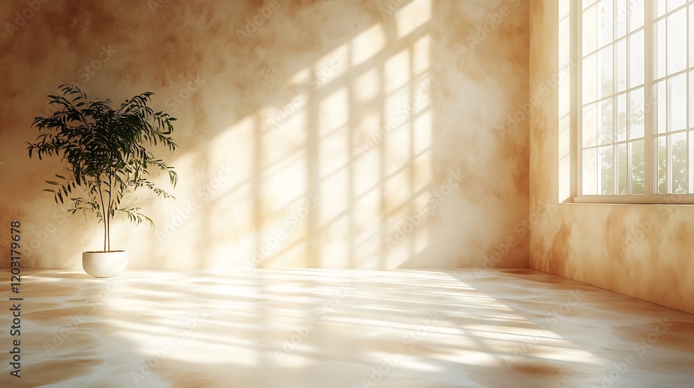 Poster bright empty room featuring a textured beige wall where gentle sunlight filters through a window pro