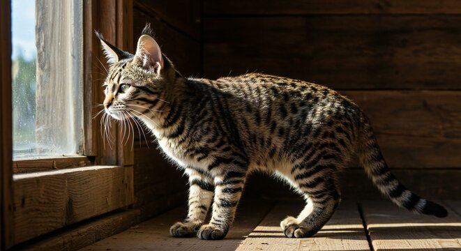 A Pixie-Bob cat exploring a rustic wooden cabin. Emphasize its wild appearance with tufted ears and spotted coat.