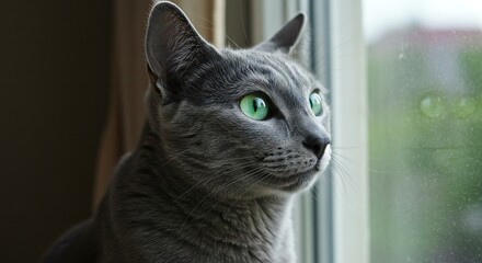 Russian Blue cat gazing out a window, with its bluish-gray coat and bright green eyes.