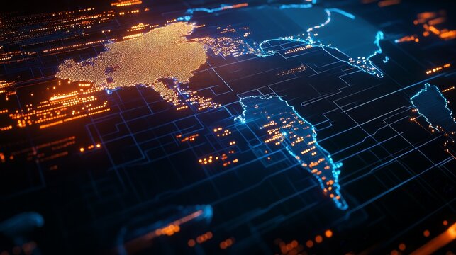 A digital world map visualization with glowing lines and data points representing global connectivity. - Powered by Adobe