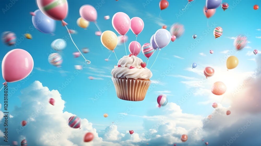 Poster a delightful cupcake adorned with colorful balloons defying gravity and floating joyfully through th