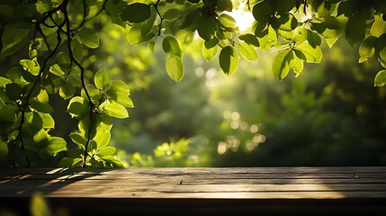 Obraz premium Sunlit Green Leaves Frame Wooden Surface Background