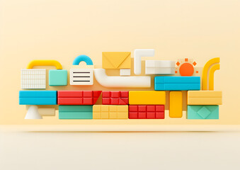 Playful Structure Creative Formation. Colorful building blocks on a yellow background.
