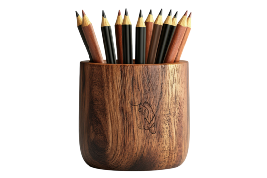 Wooden pencil holder filled with colored pencils resting on a desk