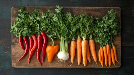 A rustic-style cutting board with a clean area, bordered by vibrant vegetables like chilies, carrots, and parsley --ar 16:9 --stylize 250 --v 6.1 Job ID: 7b3382bc-4796-494f-8a82-8e652d73f1ef
