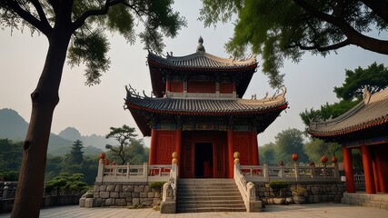 Traditional temple of Chinese peoples with trees