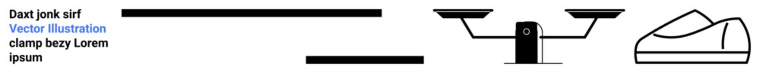 Balance scale with two sides, text blocks, horizontal bars, and a shoe. Ideal for themes related to measurement, balance, comparisons, typography, simplicity, minimalism, and fashion. Landing page