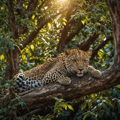 A relaxed leopard lounges on a tree branch in a lush green forest
