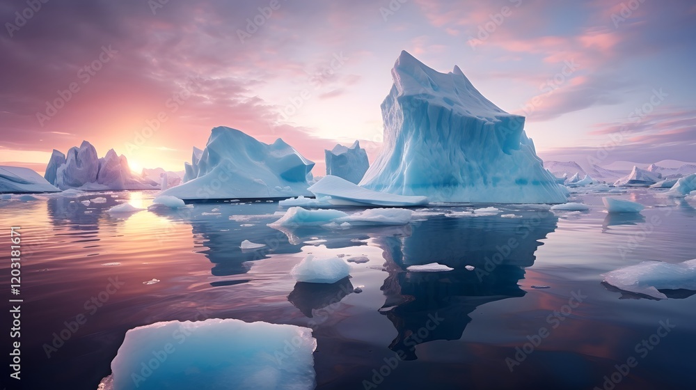 Poster enchanting arctic landscape featuring a serene scene of icebergs gently floating in the tranquil oce
