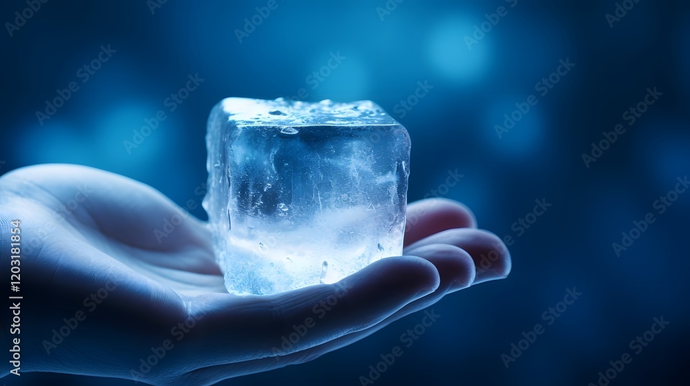 Poster hand holding a single melting ice cube in front of a blurred out of focus background representing th