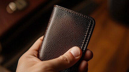 Hand displaying a luxury leather wallet, fingers holding the wallet to showcase the craftsmanship.