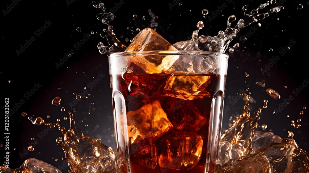 Poster splashing ice cubes in a glass of refreshing fizzy cola drink with frozen droplets suspended in mid 