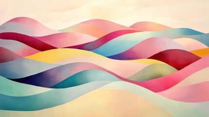 Obraz premium Colorful low poly sloping hills in pastel shades, with a background of sharp geometric shapes and radiant lines for contrast