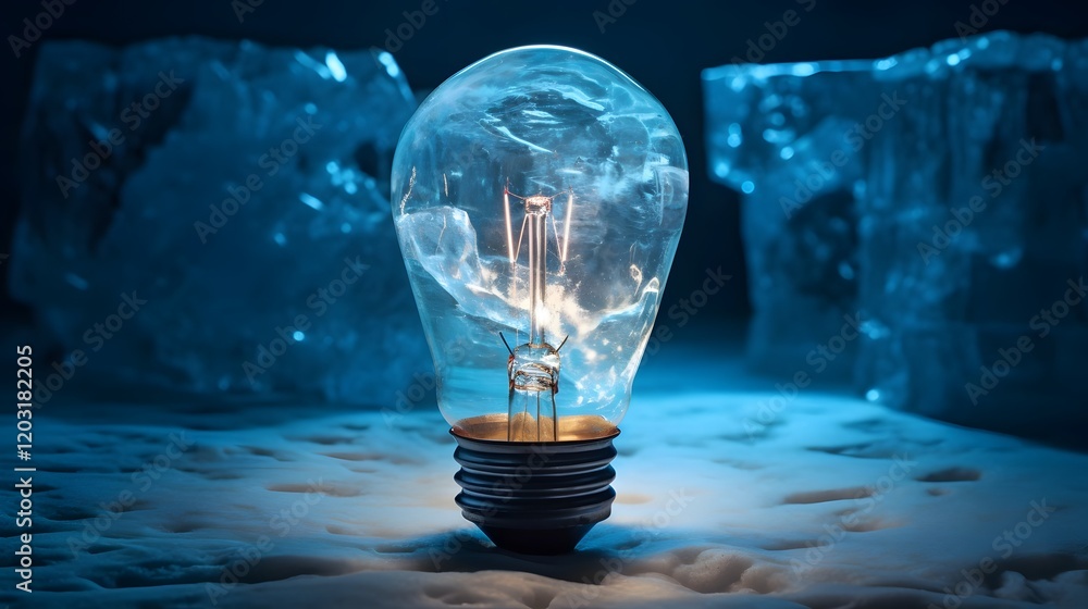 Poster frozen radiance a captivating image showcasing a glowing light bulb trapped inside a clear block of 